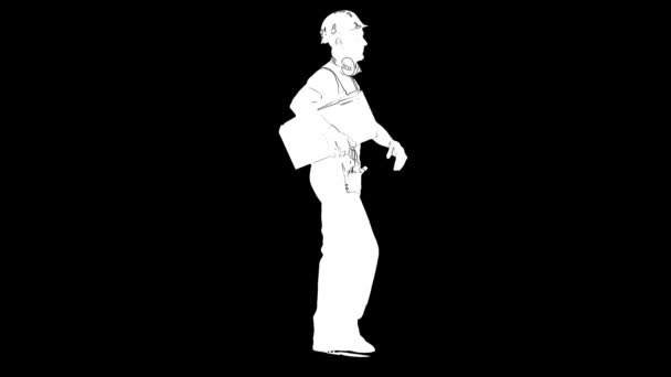 Esquema blanco bosquejo de constructor masculino en casco lleva caja sobre fondo negro. Vista lateral — Vídeos de Stock
