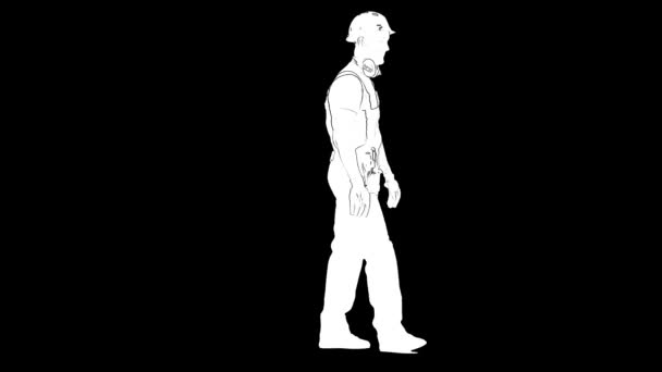 Начерк білого ескізу будівельника чоловічої статі в шоломі йде на чорному тлі. Вид збоку — стокове відео