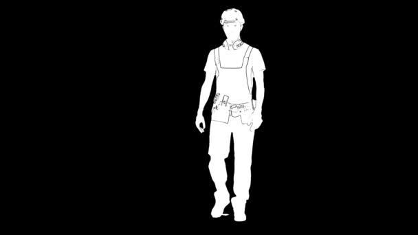 Περίγραμμα λευκό σκίτσο του οικοδόμου αρσενικό στο κράνος είναι το περπάτημα σε μαύρο φόντο. Πρόσθια όψη — Αρχείο Βίντεο