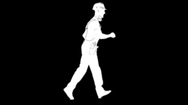 Kasklı beyaz müteahhit erkek taslağı siyah arka planda çalışıyor. Yan görünüm