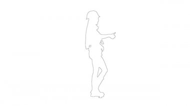 İnşaat kasklı, uzun saçlı zayıf bir kadının taslağı beyaz arka planda yürüyor. Yan görünüm