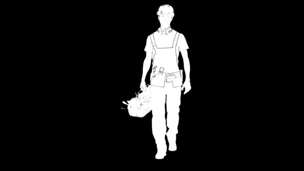 Schema bianco schizzo del costruttore maschio in casco con una custodia per gli strumenti sta camminando su sfondo nero. Vista frontale — Video Stock