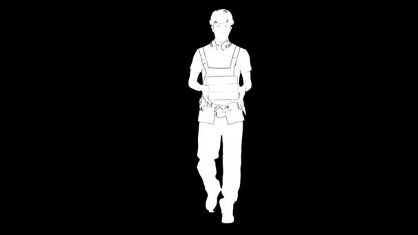 Umriss weiße Skizze des Baumeisters männlich in Helm trägt Ziegel auf schwarzem Hintergrund. Frontansicht — Stockvideo