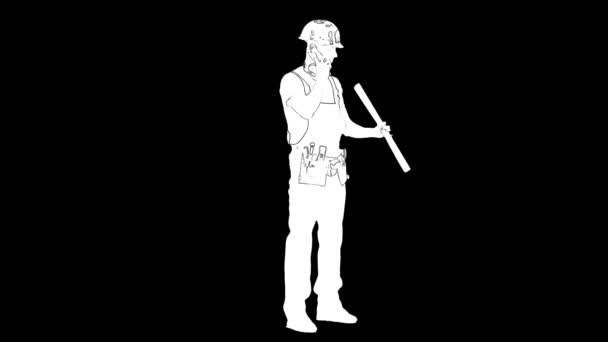 Esquema blanco bosquejo de constructor masculino en casco lleva un dibujo y hablar por teléfono sobre fondo negro — Vídeos de Stock