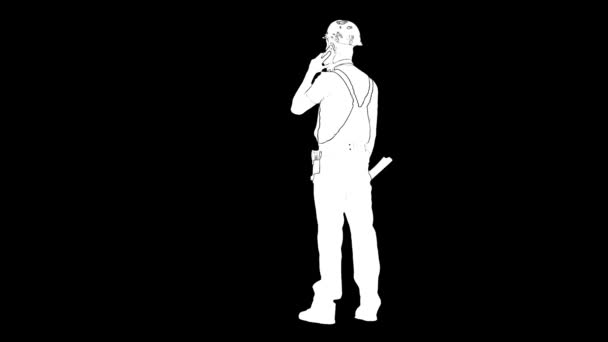Outline white sketch of builder male in helmet carries a drawing and talking on the phone on black background. Back view — Stock Video
