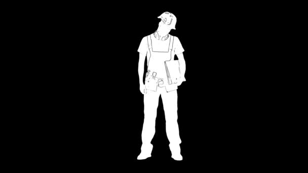 Outline white sketch of builder male in helmet holding a folder in his hands and showing sign Ok on black background. — Stock Video