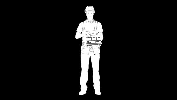 Περίγραμμα λευκό σκίτσο του οικοδόμου αρσενικό στο κράνος με ταινία πίνακα clapper στα χέρια σε μαύρο φόντο. — Αρχείο Βίντεο