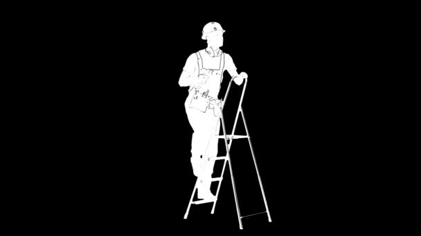 Контур белого эскиза строителя с дрелью в руках поднимается по лестнице на черном фоне — стоковое видео