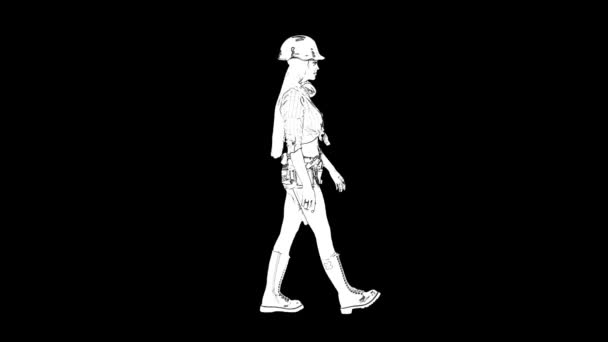 Esquema blanco bosquejo de mujer delgada en el casco de construcción con el pelo largo está caminando sobre fondo negro. Vista lateral — Vídeos de Stock
