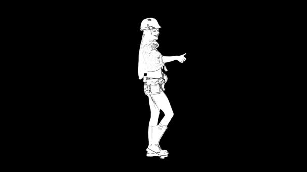 Outline white sketch of slim woman in construction helmet with long hair is walking and greeting someone, waving hand on black background. Side view — Stock Video