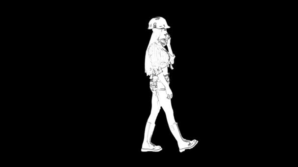 Outline white sketch of slim woman in construction helmet with long hair is walking and talking on the mobile phone on black background. — Stock Video