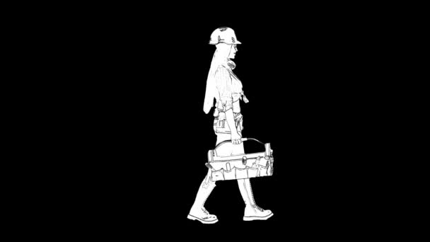 Esquema blanco bosquejo de mujer delgada en el casco de construcción con el pelo largo está caminando y sosteniendo una caja de herramientas sobre fondo negro. — Vídeos de Stock