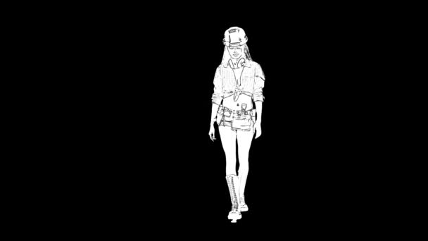 Outline white sketch of slim woman with long hair in construction helmet and shorts is walking on black background. Front view — Stock Video