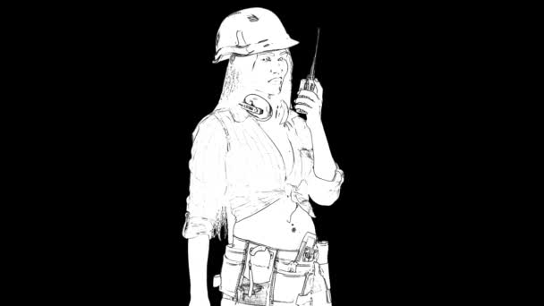 Outline white sketch of slim woman in construction helmet with long hair speaks in a walkie talkie on black background. Side view — Stock Video