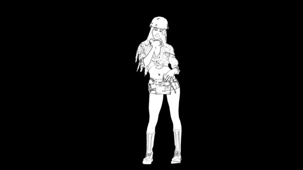 Umrissene weiße Skizze einer schlanken Frau mit Bauhelm und langen Haaren tanzt auf schwarzem Hintergrund. Seitenansicht — Stockvideo