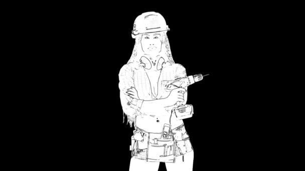 Контур белый эскиз стройная женщина в строительном шлеме с длинными волосами держа сверло на черном фоне. Вид сбоку — стоковое видео