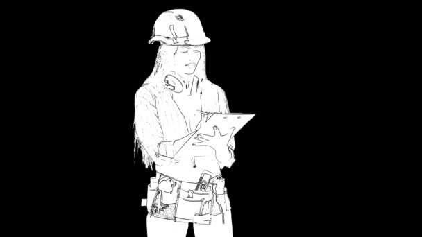 Zarys biały szkic szczupłej kobiety w kasku budowlanym z długimi włosami zapisuje pomiary na papierowej tabliczce na czarnym tle. Widok boczny — Wideo stockowe