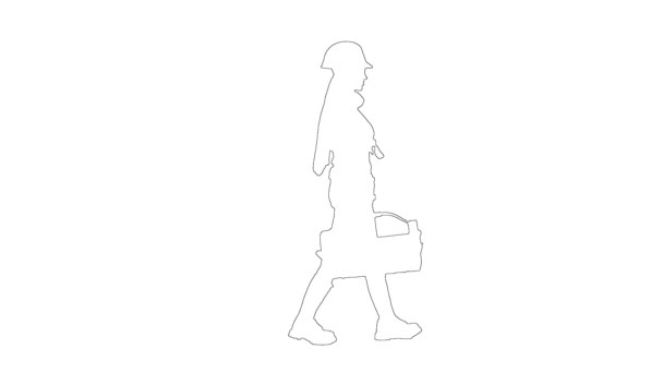 Outline sketch of slim woman in construction helmet with long hair is walking and holding a case for tools on white background. — Stock Video