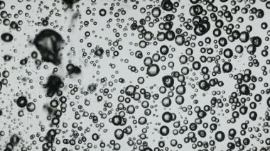 Bir su jeti tarafından oluşturulan oksijen kabarcıklarından oluşan bir girdap. Beyaz arka planda oksijen baloncuklu köpüklü köpüklü köpüklü içecek. Ağır çekim. Kapat..