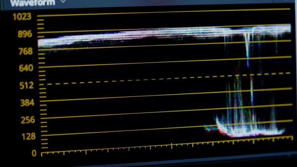 Bir video düzenleme programında çalışıyorum. Ses işleniyor, Waveform. Bir bilgisayar programında yön bulma. Kapat.. — Stok video