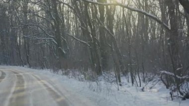 Karlı kış ormanlarında banliyö yollarının izini sürüyorum. Kamera, soğuk ve güneşli bir günde asfalt bir yolda hareket eder. Şehrin dışında güzel doğal manzarayla karayoluyla seyahat et. Ağır çekim. Kapat.