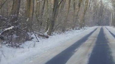Karlı kış ormanlarında banliyö yollarının izini sürüyorum. Kamera, soğuk ve güneşli bir günde asfalt bir yolda hareket eder. Şehrin dışında güzel doğal manzarayla karayoluyla seyahat et. Ağır çekim. Kapat.