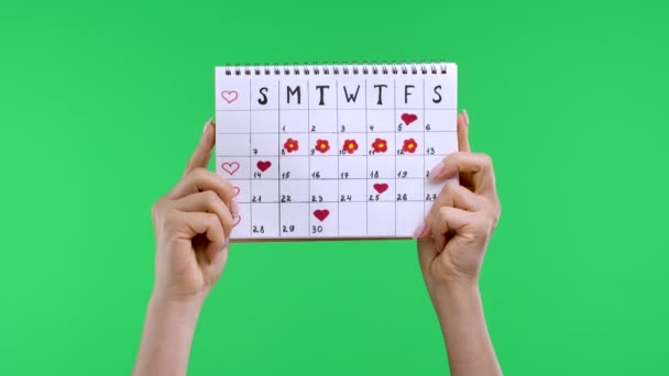 Weibliche Hände halten einen Frauenkalender zur Überprüfung der Menstruationstage, isoliert auf einem grünen Bildschirm. Sie zeigt mit dem Zeigefinger auf den Kalender, zeigt so eine Geste. Zeitlupe. Nahaufnahme. — Stockvideo