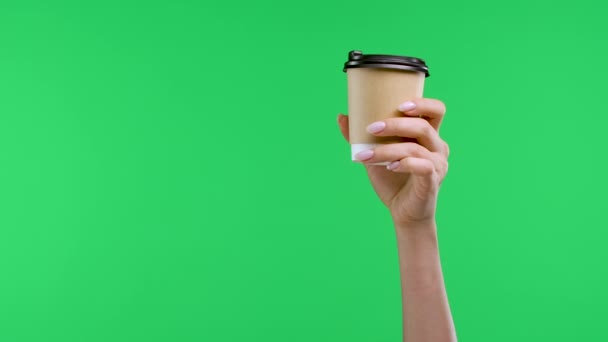 Uma mão de mulher segura uma xícara de café de papel, com a outra mão aponta o dedo indicador para o café e acena não, não, não. Close up de xícara de café, as mãos da mulher na tela verde no estúdio. Movimento lento. — Vídeo de Stock