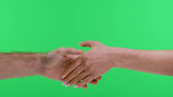Een man en een vrouw schudden elkaar de hand. Close-up van een man en een vrouw handen schudden handen, een vrouw geeft een man een bundel geld tegen een achtergrond van een groen scherm van een gekleurde sleutel. Langzame beweging. — Stockvideo