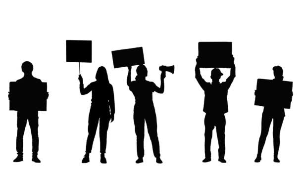 Black silhouettes of young woman and man protesters holds posters, banners, megaphone, shouts out slogans. 5 in 1 Collage full length on white background. Slow motion ready, 4K at 59.94fps. — Stock Video