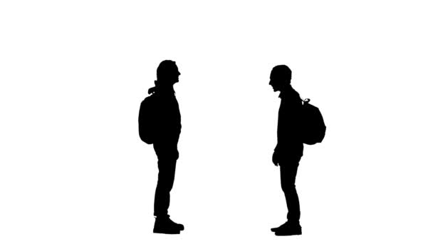 Schwarze Silhouette einer jungen Frau und eines Mannes in Sportbekleidung, die sich mit Rucksäcken begrüßen, Hand in Hand. 2 in 1 Collage Seitenansicht in voller Länge auf weißem Hintergrund. Zeitlupe bereit 59.94fps. — Stockvideo