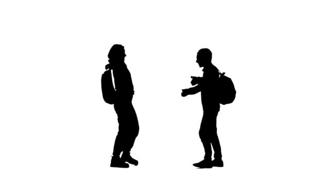 Czarna sylwetka młodej kobiety i mężczyzny w odzieży sportowej z plecakami witającymi się wzajemnie, przytulającymi się przyjaźnie. 2 w 1 Widok od strony kolażu pełnej długości na białym tle. Gotowy do zwolnień 59.94fps. — Wideo stockowe