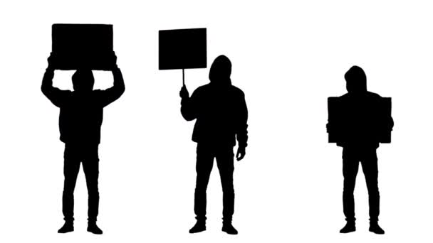 Black silhouette of young man protester holds posters, banners, shouts out slogans. Activist at protest or demonstration. 3 in 1 Collage full length on white background. Slow motion ready 59.94fps. — Stock Video