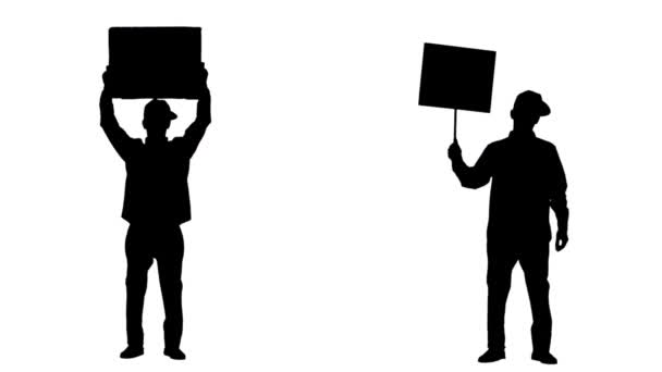 Zwart silhouet van een jonge man die protesteert in pet houdt posters, spandoeken, kreten en slogans. 2 in 1 Collage volledige lengte op witte achtergrond. Slow motion klaar 59,94fps. — Stockvideo