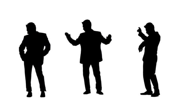Die schwarze Silhouette eines jungen Mannes im Businessanzug tanzt und wedelt mit den Händen. 3 in 1 Collage Vorder- und Seitenansicht in voller Länge auf weißem Hintergrund. Zeitlupe bereit 59.94fps. — Stockvideo