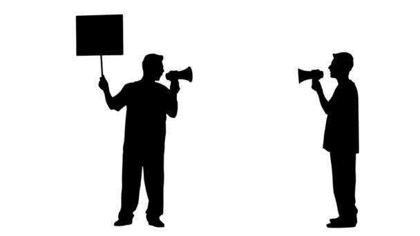 Black silhouette of young man protester holds posters, banners, megaphone, shouts out slogans. 2 in 1 Collage Front and side view full length on white background. Slow motion ready 59.94fps. — Stock Video
