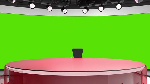 Estudio de televisión. Sala de noticias. Blye y fondo rojo. General y disparo de primer plano. Estudio de noticias. Antecedentes. Sala de prensa de panadería. El telón de fondo perfecto para cualquier producción de video con pantalla verde o croma key —  Fotos de Stock