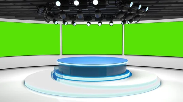 Estudio de televisión. Sala de noticias. Blye y fondo rojo. General y disparo de primer plano. Estudio de noticias. Antecedentes. Sala de prensa de panadería. El telón de fondo perfecto para cualquier producción de video con pantalla verde o croma key —  Fotos de Stock