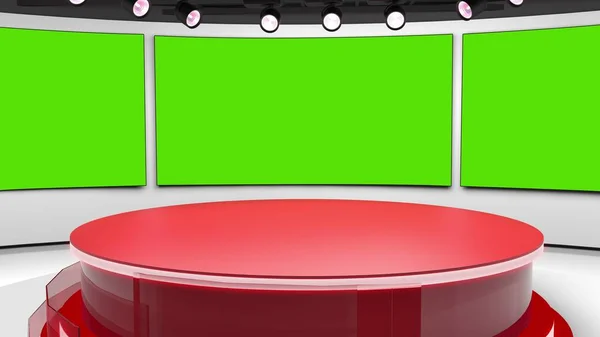 Studio televisivo. Sala stampa. Blye e sfondo rosso. Generale e primo piano. News Studio. Studio di sfondo. Panificio della redazione. Lo sfondo perfetto per qualsiasi schermo verde o produzione video con chiave cromatica — Foto Stock