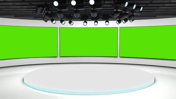 Tv studio. News room. Blye and red background. General and close-up shot.  News Studio. Studio Background. Newsroom bakground. The perfect backdrop  for any green screen or chroma key video production Stock Photo