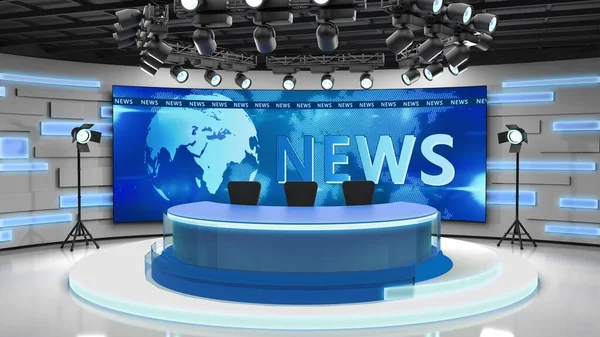 Tv studio. News room. Blye and red background. General and close-up shot. News Studio. Studio Background. Newsroom bakground. The perfect backdrop for any green screen or chroma key video production — Stock Photo, Image