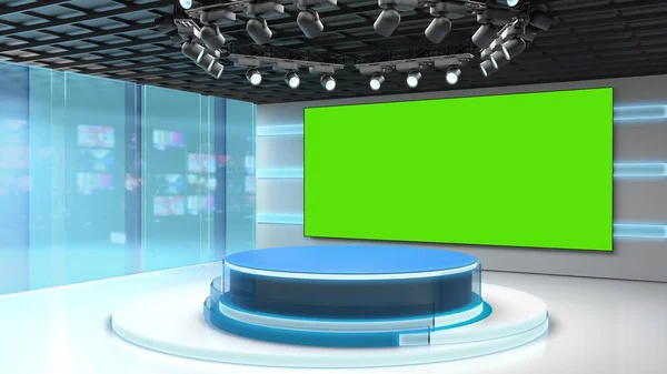 Tv studio. News room. Blye and red background. General and close-up shot. News Studio. Studio Background. Newsroom bakground. The perfect backdrop for any green screen or chroma key video production — Stock Photo, Image