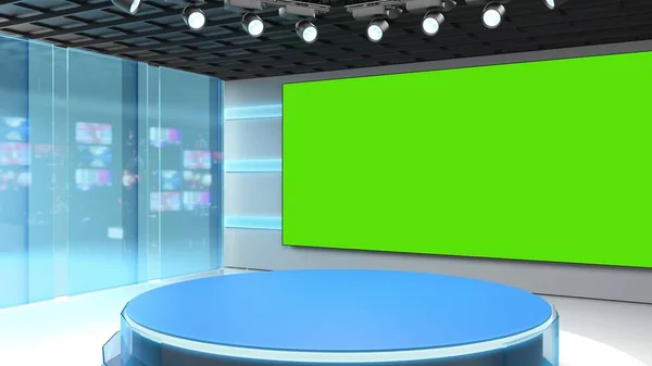 Estúdio de TV. Sala de notícias. Blye e fundo vermelho. General e plano de perto. Estúdio. Contexto do estúdio. Na pastelaria dos jornais. O pano de fundo perfeito para qualquer tela verde ou produção de vídeo chave chroma — Fotografia de Stock