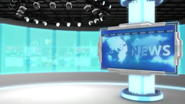 テレビスタジオ。ニュースルームだ。青と赤の背景。一般的なショットとクローズアップ。ニューススタジオ。スタジオの背景。ニュースルームの地下。緑の画面やクロマキービデオ制作のための完璧な背景 — ストック写真