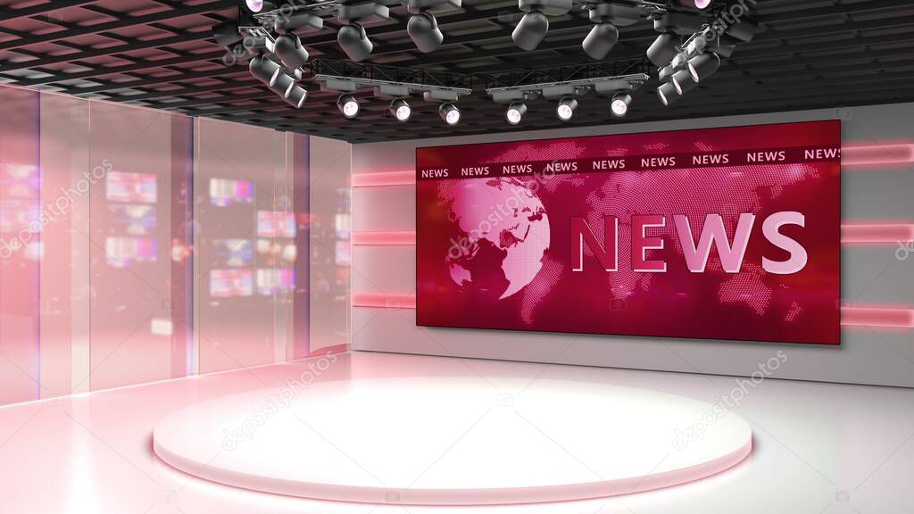 Tv studio. News room. Blye and red background. General and close-up shot. News Studio. Studio Background. Newsroom bakground. The perfect backdrop for any green screen or chroma key video production