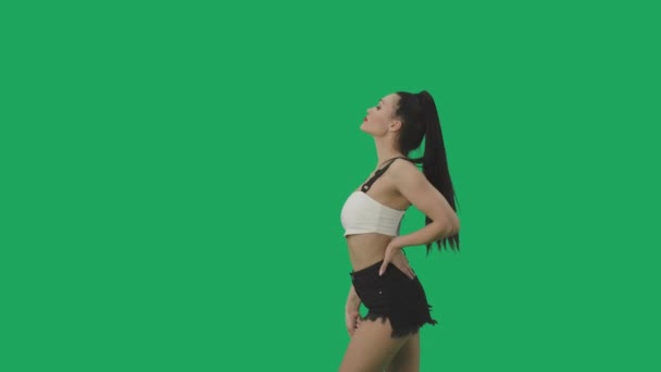 Side view of brunette waving black and white checkered racing flag to signal start of competition. Young woman posing against background of green screen close up. Slow motion ready, 4K at 59.94fps. — Stock Video