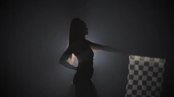 Zijaanzicht van silhouet jonge vrouw zwaaien geruite race vlag om het begin van race-evenement aan te geven. Brunette poseert in een donkere rokerige studio met achtergrondverlichting. Sluit maar af. Slow motion klaar, 4K bij 59,94fps. — Stockvideo