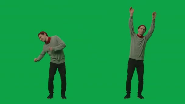 Genç adam portresi şık kıyafetler ve şapka içinde dans etmek ve diskoda el sallamak. Yeşil ekran arka planında 2 / 1 Kolaj tam uzunlukta. Yavaş çekim hazır, 4K 59.94fps 'de.. — Stok video