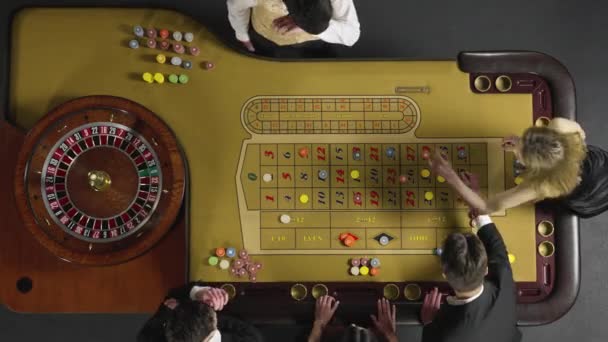 Top kilátás egy csoport férfi és nő fogadás zsetonnal egy szerencsejáték rulett asztal egy kaszinóban. A fogadások elvesztek, és az osztó krupié viszi az összes zsetont. Lassú mozgás kész, 4K 59.94fps-on.. — Stock videók