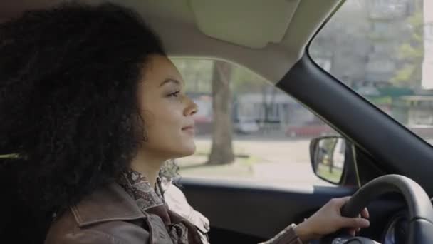 Porträt einer eleganten jungen Afroamerikanerin am Steuer eines Autos. Eine Brünette mit lockigem Haar in brauner Lederjacke posiert hinter dem Steuer eines Autos. Aus nächster Nähe. Zeitlupe. — Stockvideo